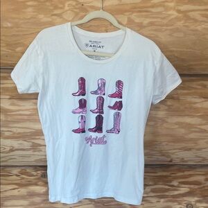 Ariat White and Pink Short Sleeve T-Shirt with Boot Design